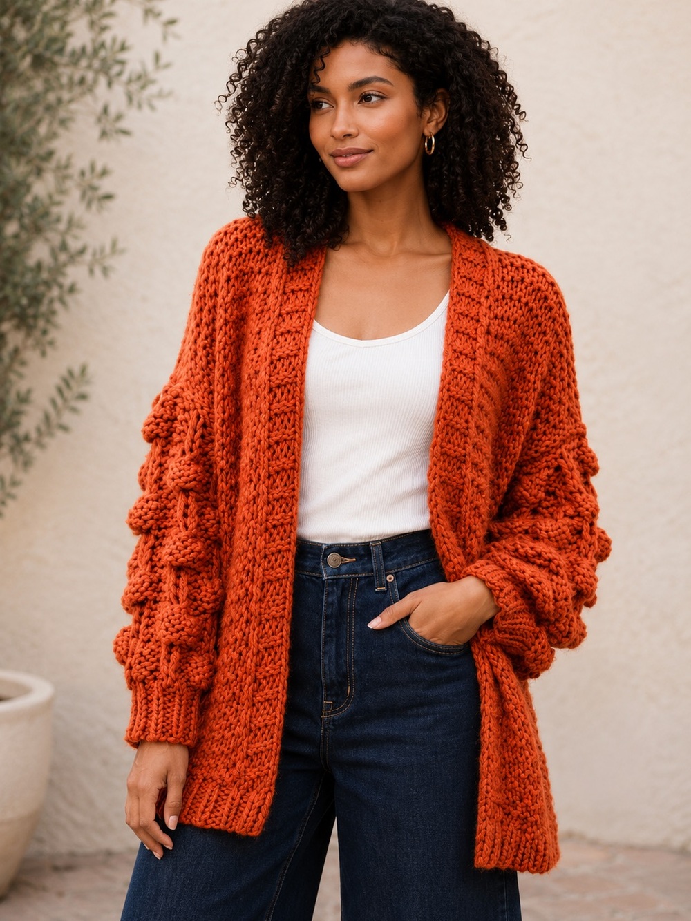 MACARON Burnt Orange Chunky Knit Cardigan Size Small
